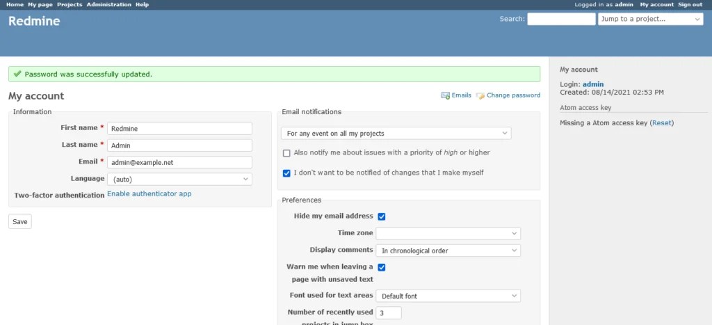 03-redmine-my-account-page Redmine - My Account Page