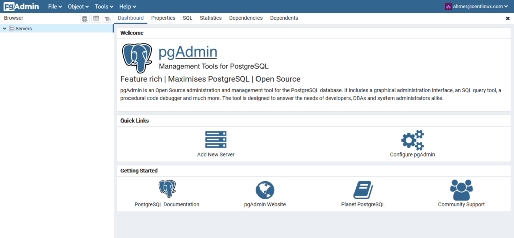 pgAdmin4 Dashboard