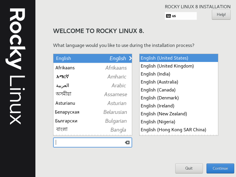 Rocky Linux 8 - Setup Language Selection