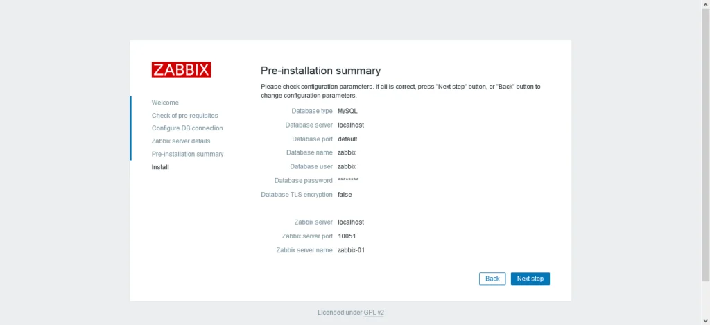 05-install-zabbix-server-on-ubuntu-lts-summary Zabbix Pre-installation Summary