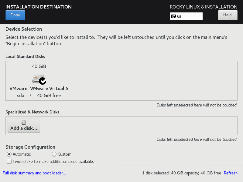 Rocky Linux 8 - Installation Destination