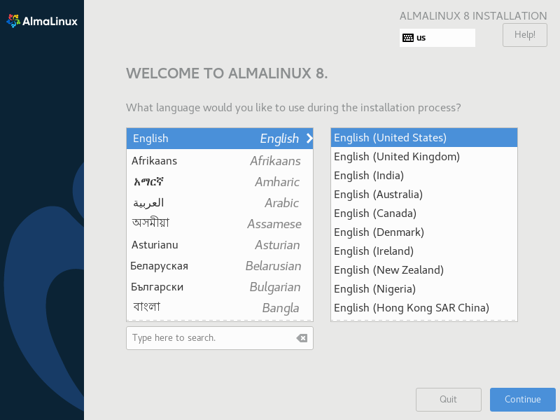 AlmaLinux Language Selection