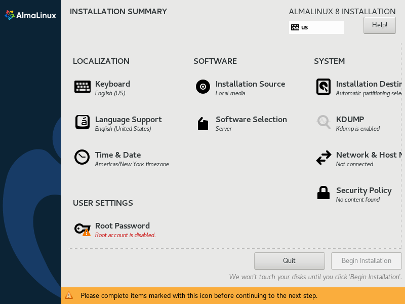 AlmaLinux Installation Summary 2