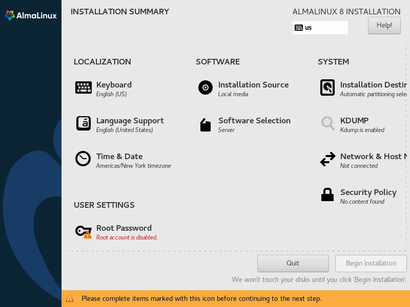 09-almalinux-minimal-installation-with-screenshots-summary AlmaLinux Installation Summary 2