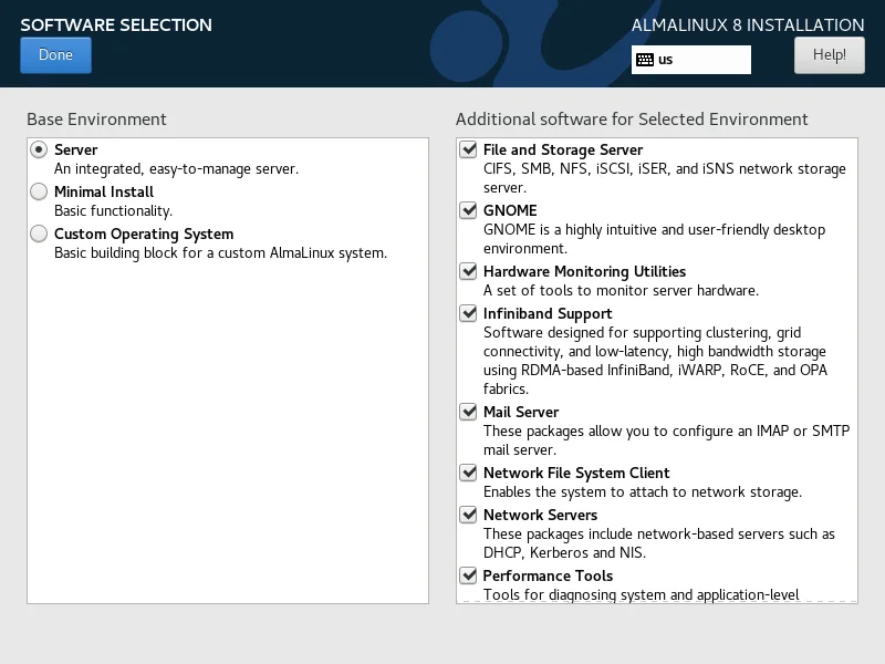 10-almalinux-minimal-installation-with-screenshots-software-selection AlmaLinux 8 Software Selection 1