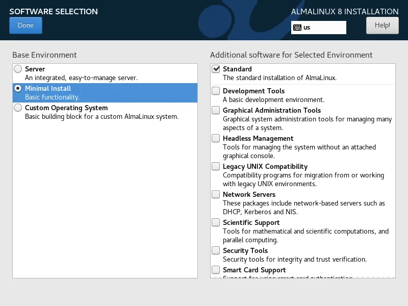 11-almalinux-minimal-installation-with-screenshots-software-selection AlmaLinux 8 Software Selection 2