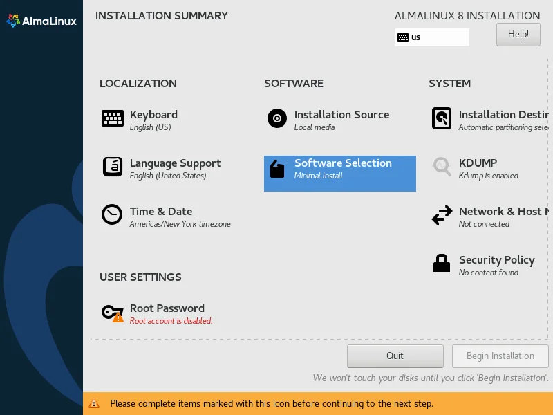 12-almalinux-minimal-installation-with-screenshots-summary AlmaLinux Installation Summary 3