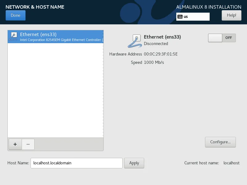 13-almalinux-minimal-installation-with-screenshots-network AlmaLinux Network and Hostname 1