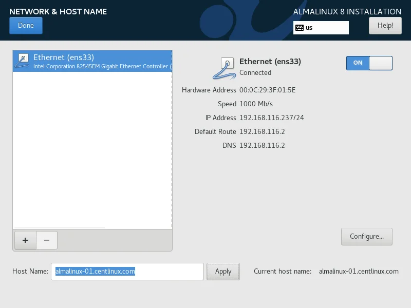 14-almalinux-minimal-installation-with-screenshots-network AlmaLinux Network and Hostname 2