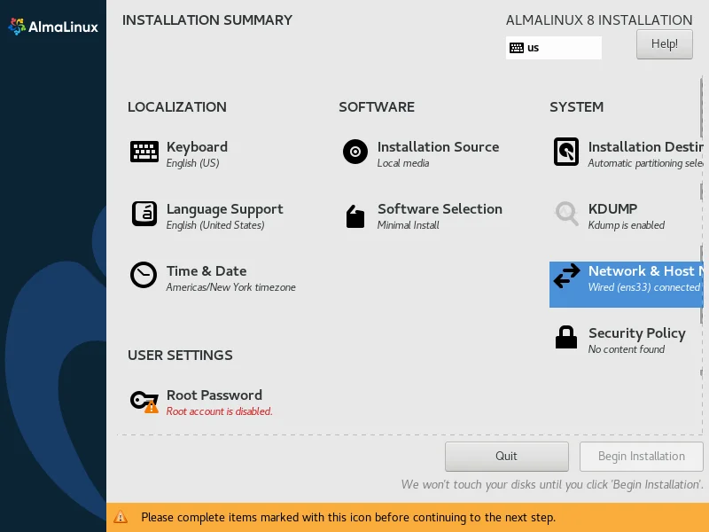 15-almalinux-minimal-installation-with-screenshots-summary AlmaLinux Installation Summary 4