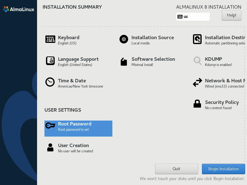 AlmaLinux Installation Summary 5