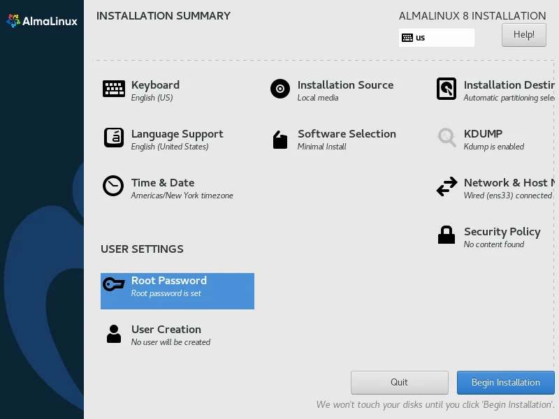 17-almalinux-minimal-installation-with-screenshots-summary AlmaLinux Installation Summary 5