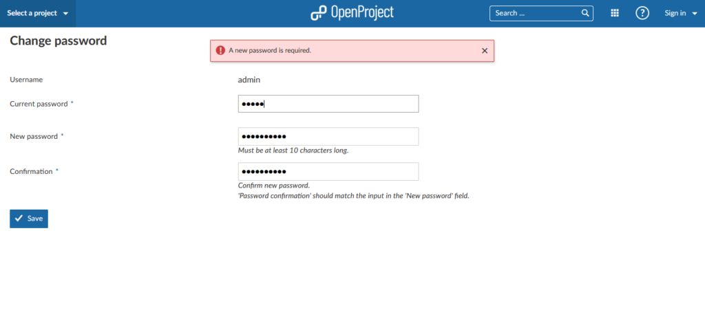 OpenProject Change Password