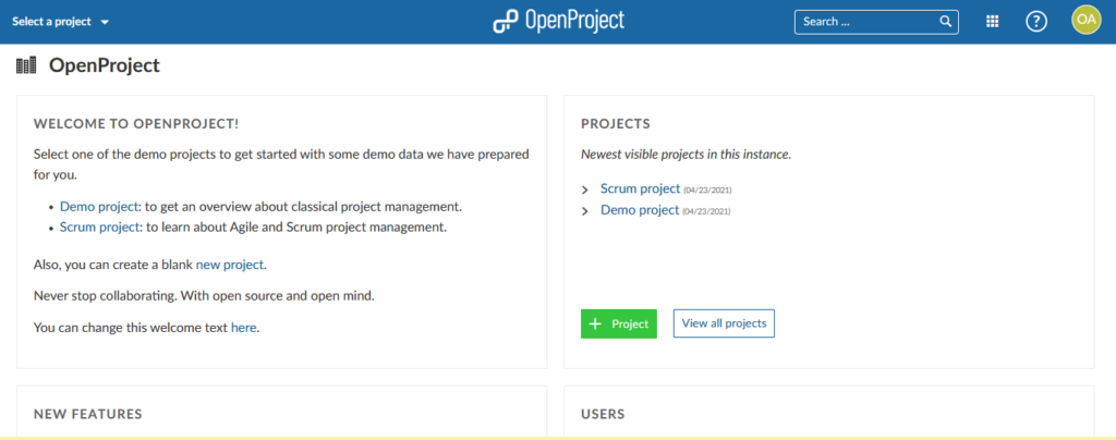 OpenProject GUI - Welcome Page