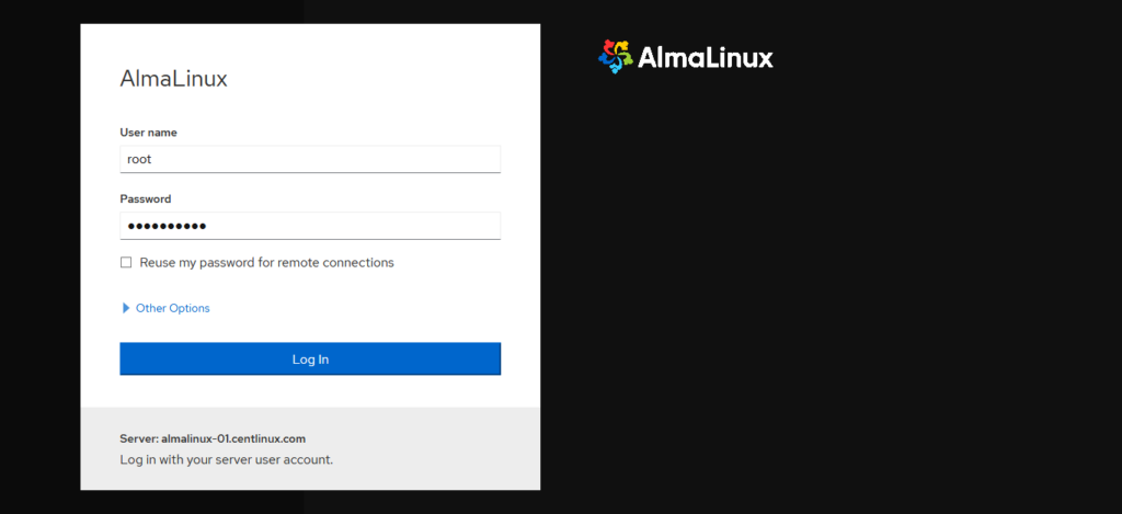 AlmaLinux Cockpit Login