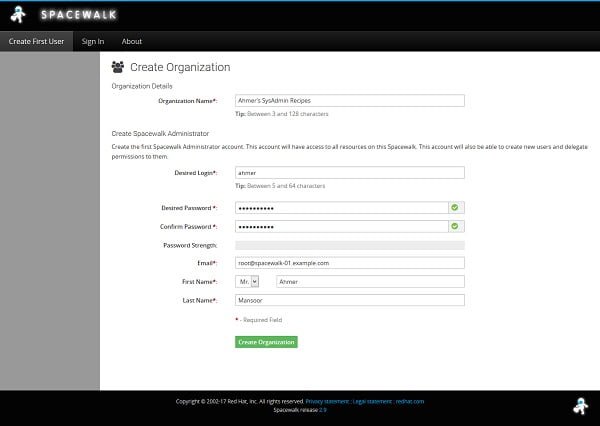Spacewalk Server - Create Organization
