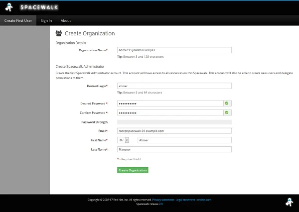 01-install-spacewalk-centos-7-create-organization Spacewalk Server - Create Organization
