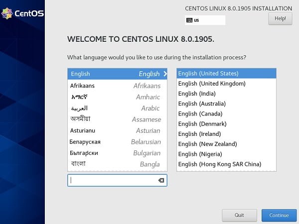 CentOS 8 Language Selection