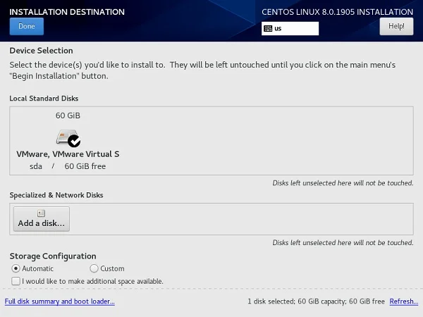 CentOS 8 Installation Destination