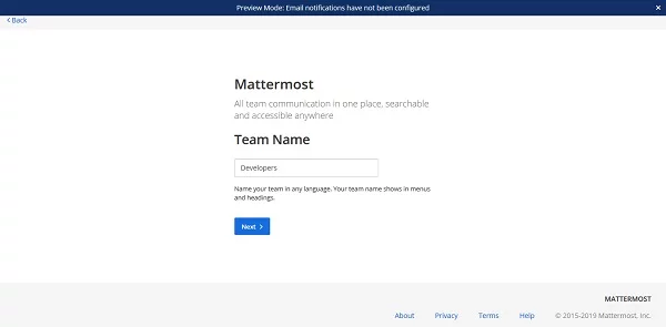 03-mattermost-5-centos-7-create-team Mattermost Team Name