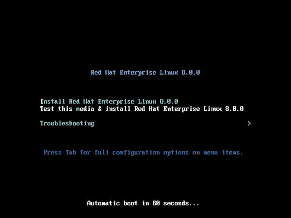 RHEL 8 Minimal Install - Boot Menu