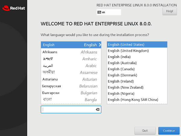 RHEL 8 Minimal Install - Language Selection