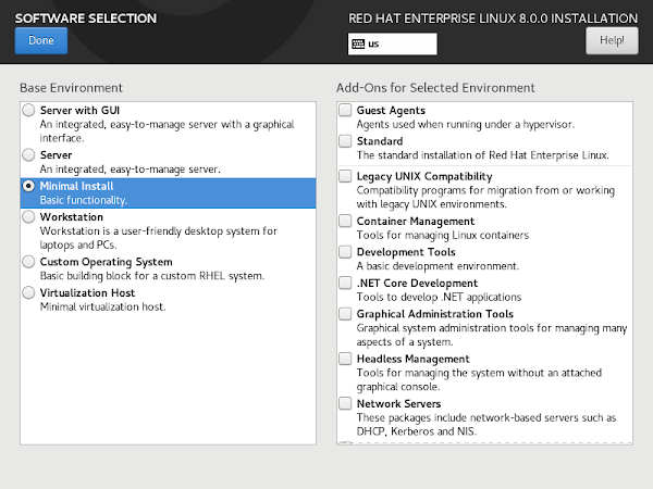 RHEL 8 Minimal Install - Software Selection