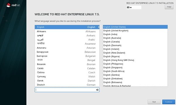 RHEL 7 Installation - Language Selection