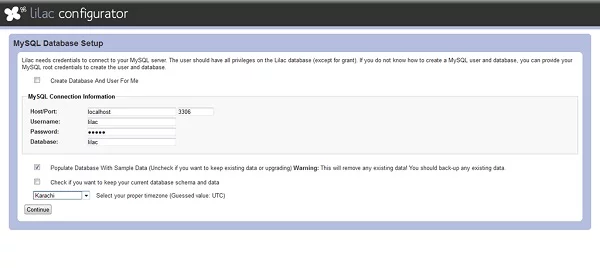Lilac Configurator MySQL Database Setup