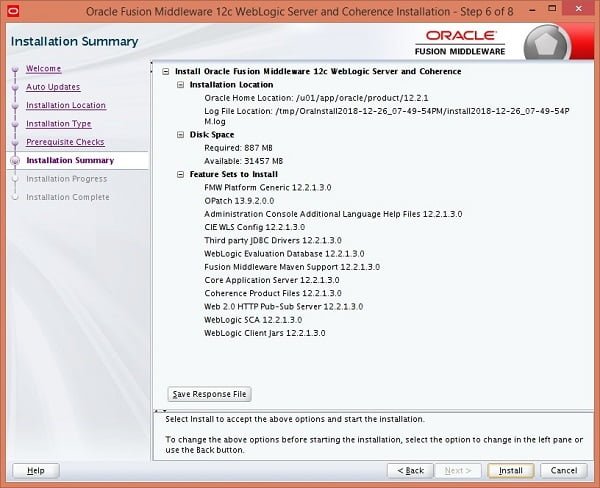 Oracle Weblogic Server Installation Summary