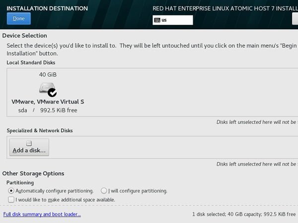 Atomic Host Installation Destination