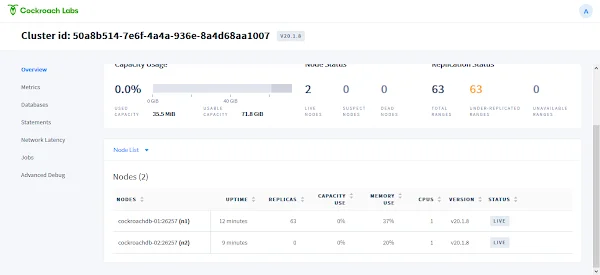 02-install-cockroachdb-secure-cluster-centos-8-dashboard CockroachDB Clusters Information 1