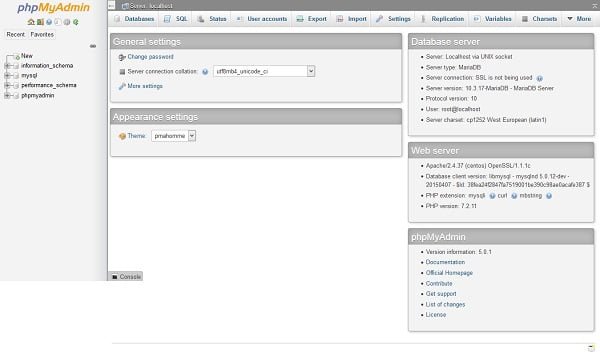 phpMyAdmin Dashboard