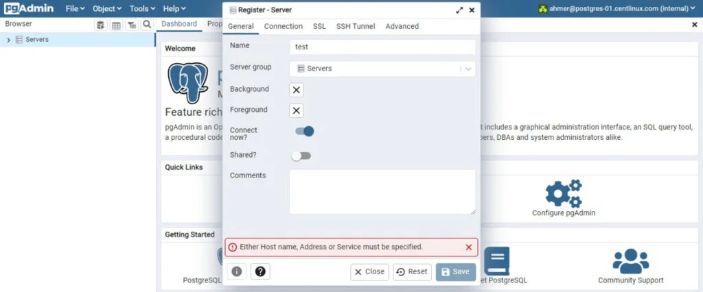 How to install PostgreSQL on Rocky Linux 9 8 pgAdmin - Add New Server 1