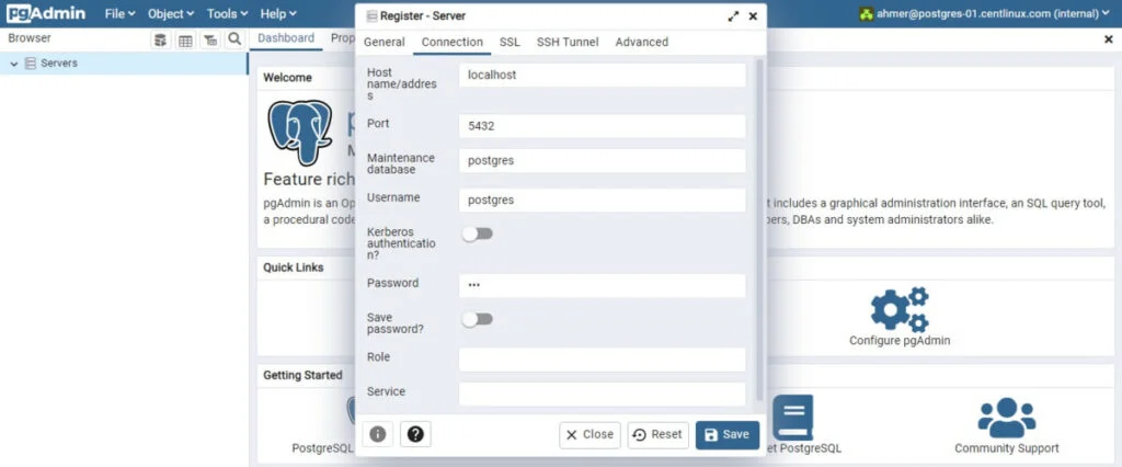 How to install PostgreSQL on Rocky Linux 9 9 pgAdmin - Add New Server 2