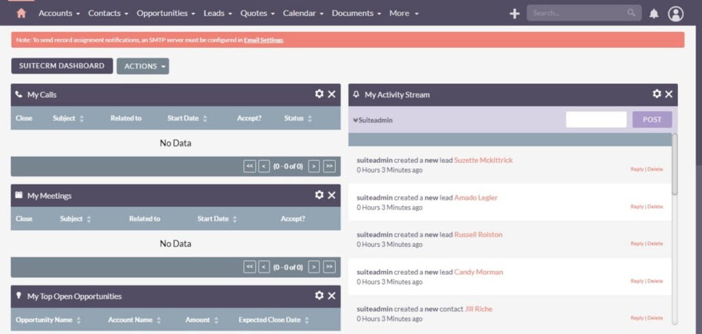 SuiteCRM Dashboard