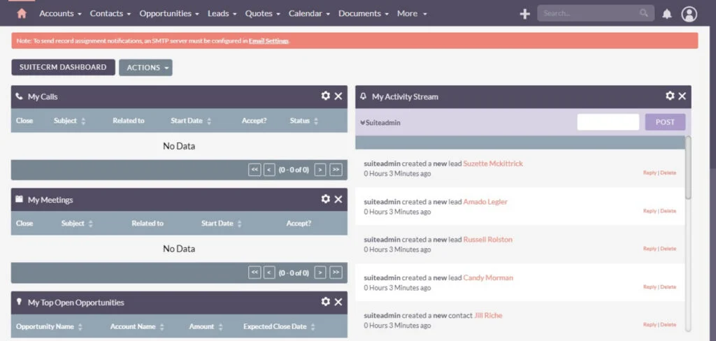 suitecrm-dashboard SuiteCRM Dashboard