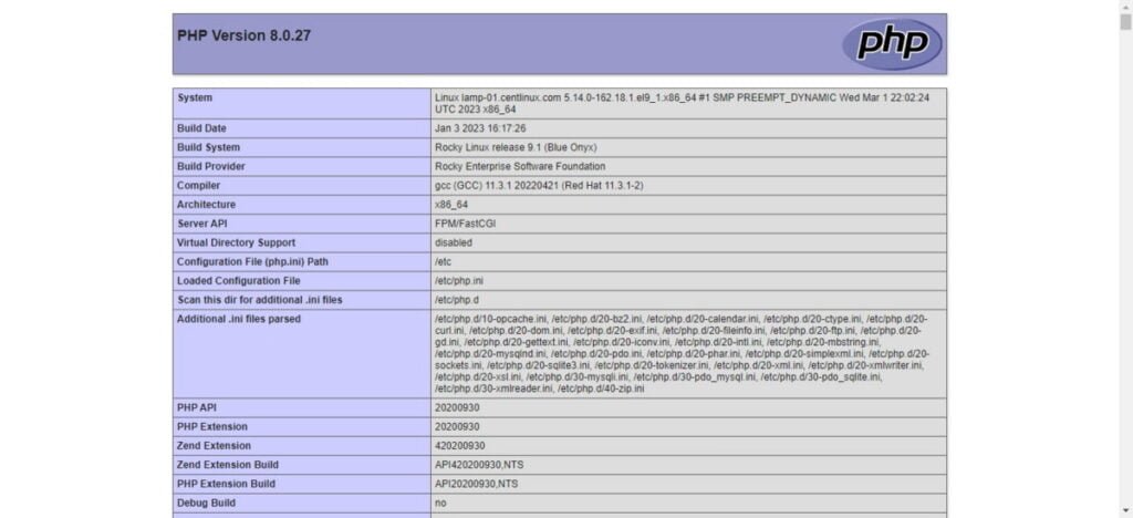 phpinfo output page