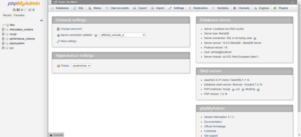 phpMyAdmin Dashboard