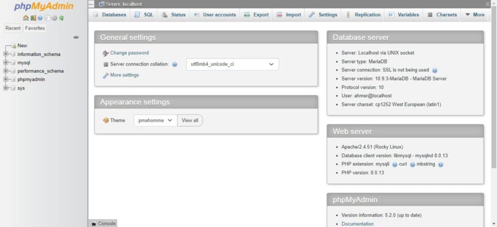 PHPMyAdmin Dashboard